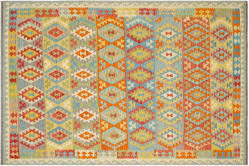 Flat Weave Kilim, Antique, Navaho, Vintage, Handmade, Geometric Kilim Blue Rust Hand-Woven Rectangle 100% Wool Area Rug 8 x 10